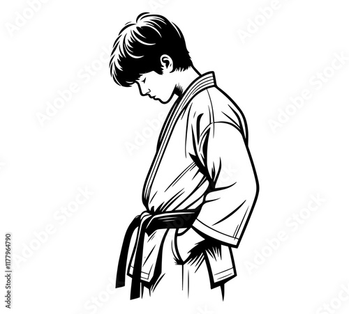 black and white illustration of a young boy in a karate uniform minimalistic line art graphic vector