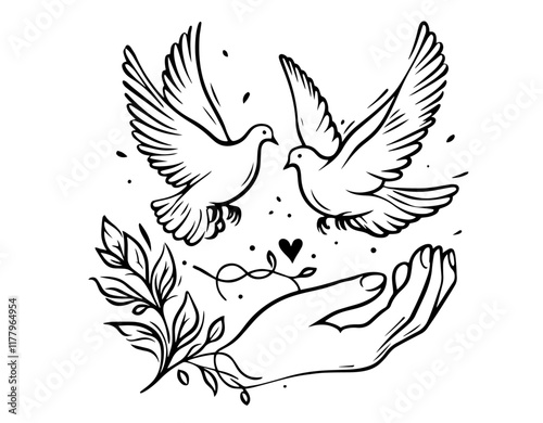 creative black ink design of two doves in flight surrounded by branches