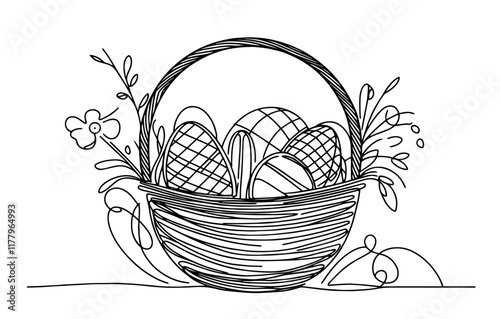 stylized illustration of an egg-filled basket with flowers and leaves