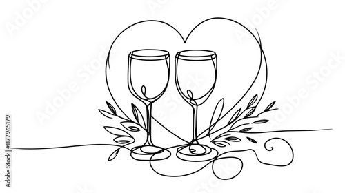 artistic line art of a romantic celebration with heart, flowers, and glasses