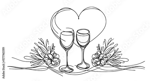 elegant black and white illustration of champagne glasses with floral details
