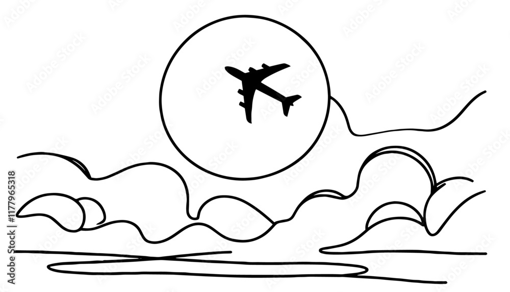 Obraz premium minimalist airplane vector illustration with continuous line style and clouds in background