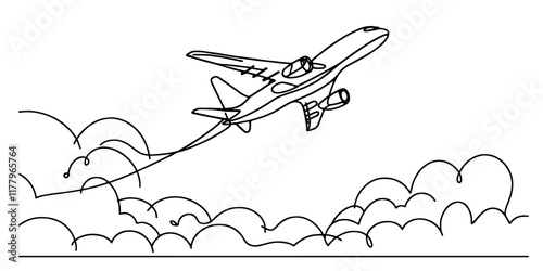 black and white line art of an airplane flying through the clouds
