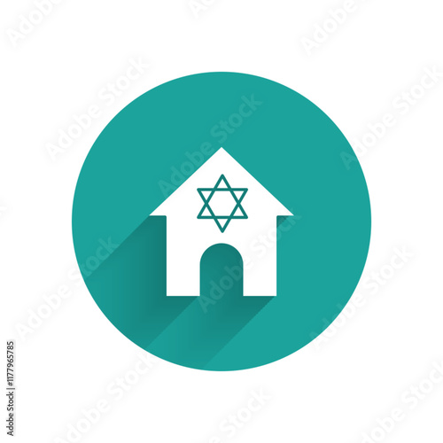 White Jewish synagogue building or jewish temple icon isolated with long shadow. Hebrew or judaism construction with David star. Green circle button. Vector