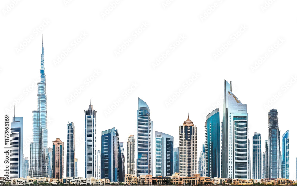 Majestic futuristic skyline of urban downtown skyscrapers, isolated on transparent white