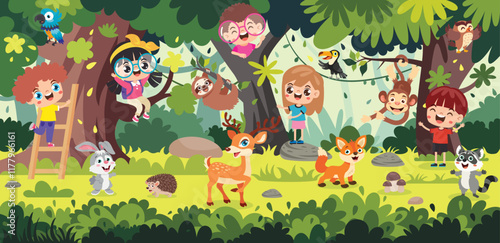 Children With Animals At Jungle