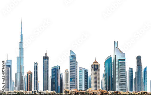 Obraz na płótnie Majestic futuristic skyline of urban downtown skyscrapers, isolated on transparent white
w salonie
