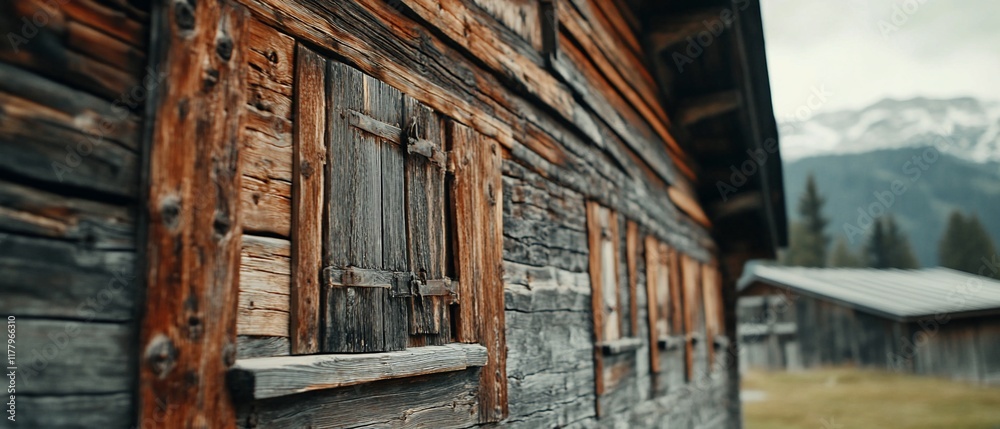 Rustic wooden alpine hut, mountain backdrop. Travel brochure Rustic wooden alpine hut, mountain backdrop. Travel brochure