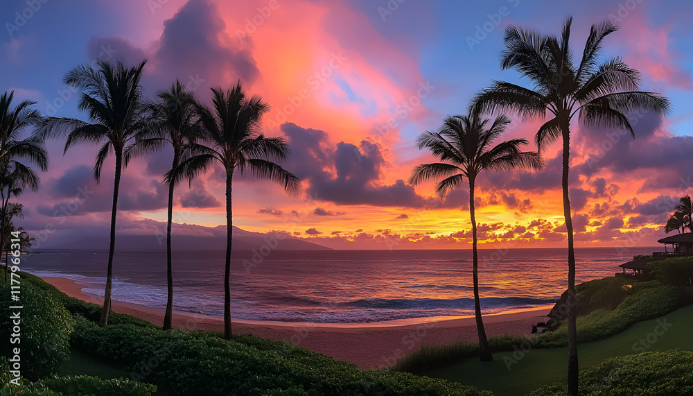 Palm Trees Silhouettes On Tropical Beach At Sunset - Modern Vintage Colors Palm Trees Silhouettes On Tropical Beach At Sunset - Modern Vintage Colors