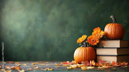 Fall decorations with pumpkins and flowers on stacked books during autumn season