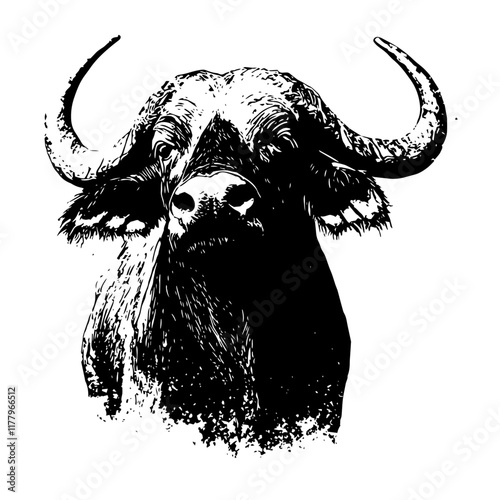 Monochrome vector drawing of a strong buffalo, vintage ink-style animal illustration