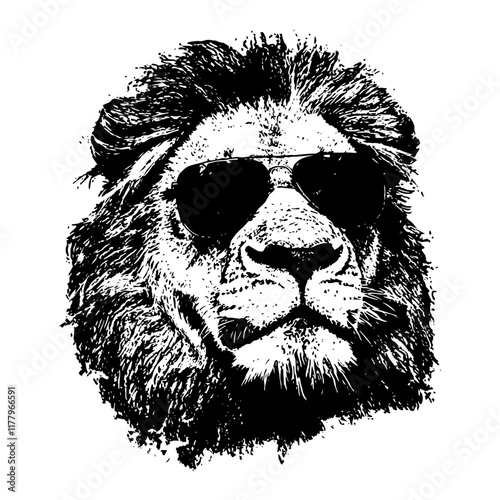 cool lion wearing sunglasses, grunge black and white vector in detailed sketch style