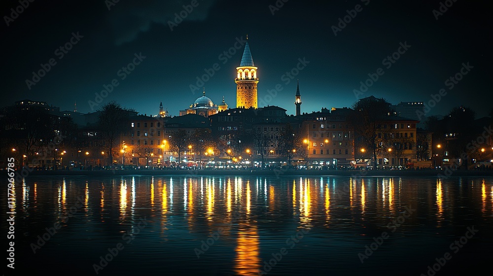Istanbul cityscape at night, illuminated buildings reflected in water. Istanbul cityscape at night, illuminated buildings reflected in water.