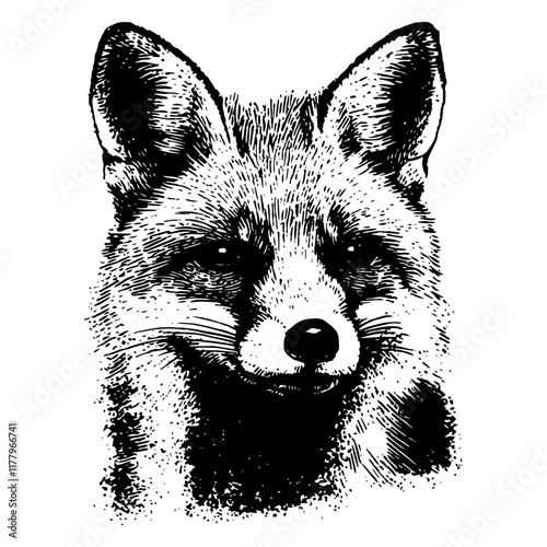 detailed hand-drawn fox portrait in black and white