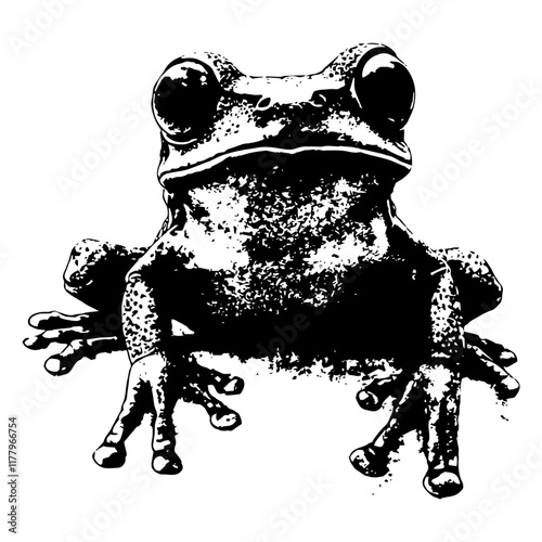 black and white vector of a frog in engraving style, isolated exotic animal illustration