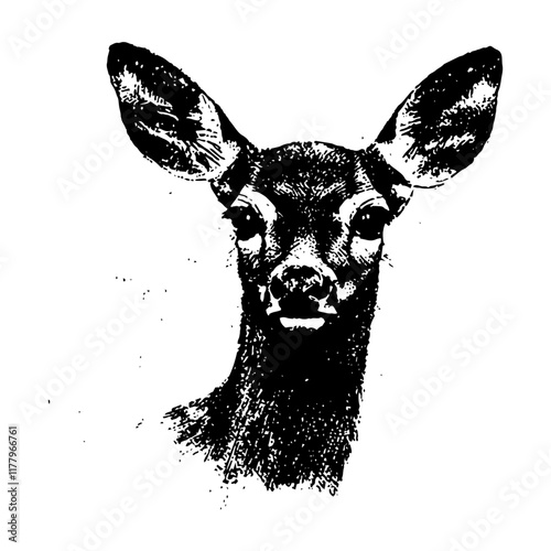 black and white vector engraving of a deer portrait, featuring strong contrast and intricate fur texture for a realistic wildlife composition