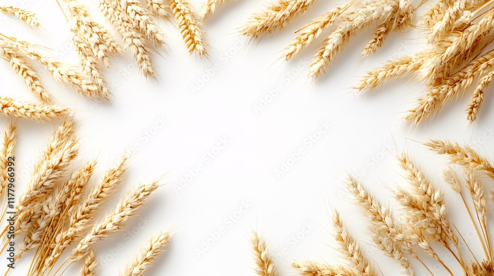 Golden wheat stalks arranged in an artistic circle on a white background Golden wheat stalks arranged in an artistic circle on a white background
