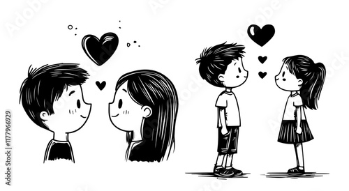 minimalist line art of a loving couple with red and black heart details