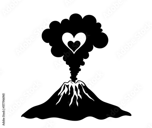 artistic black and white vector design of a love-themed volcanic eruption