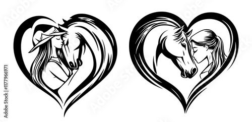 artistic depiction of a girl and her horse in a romantic monochrome design