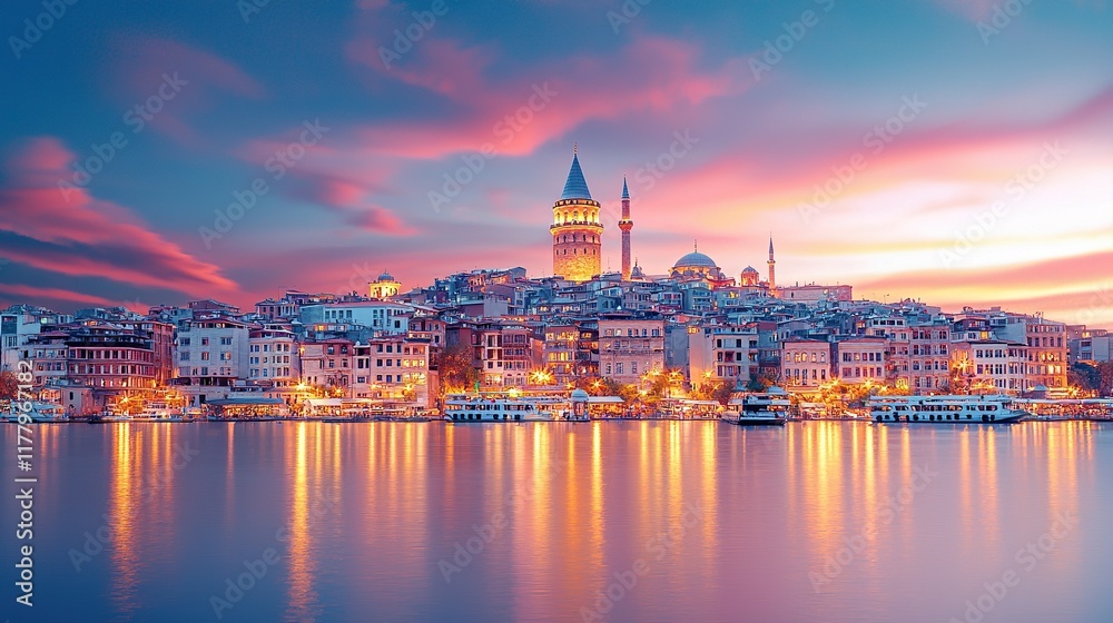 Fototapeta premium Istanbul cityscape at sunset with Galata Tower and colorful sky.