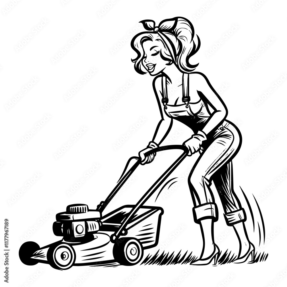 stylized black and white artwork of a woman in overalls using a mower stylized black and white artwork of a woman in overalls using a mower