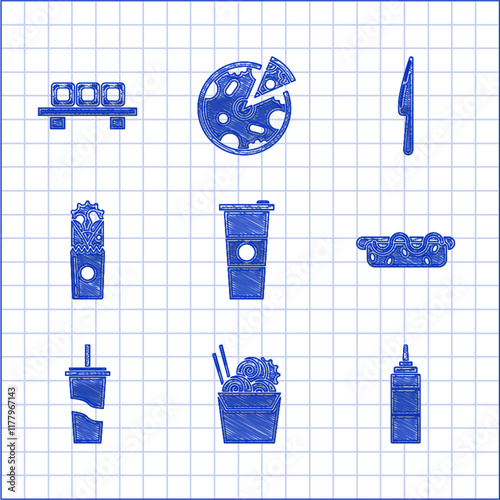 Set Paper glass and water, Asian noodles in paper box chopsticks, Sauce bottle, Hotdog sandwich with mustard, drinking straw, Doner kebab, Knife and Sushi cutting board icon. Vector