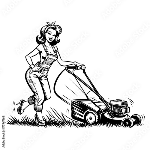 monochrome drawing of a female character taking care of the garden