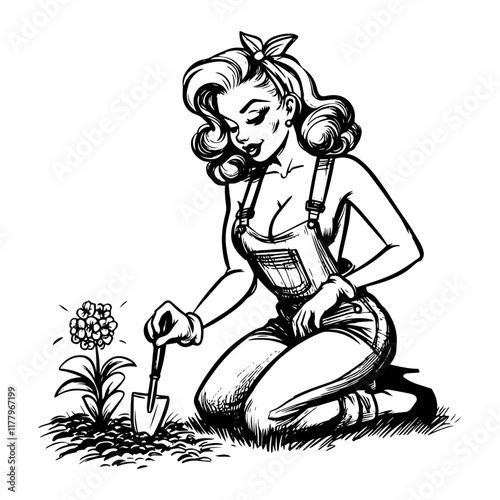 black and white pin-up girl illustration with a flowerpot and gardening theme