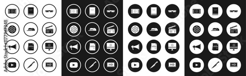 Set 3D cinema glasses, Cap with inscription director, Film reel, Play Video, Movie clapper, Scenario, Online play video and Megaphone icon. Vector
