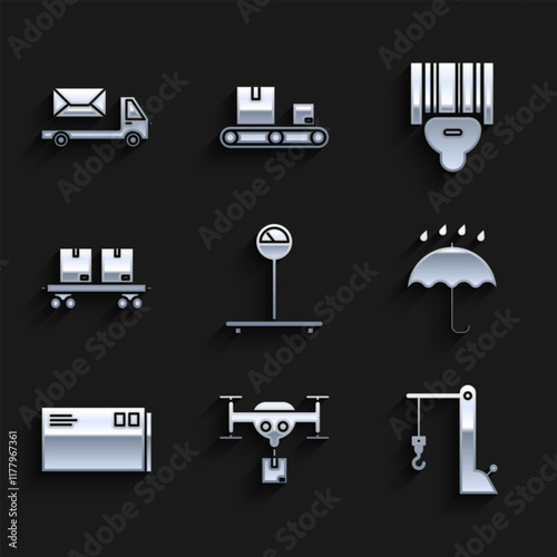 Set Scale, Delivery drone with the package, Harbor port crane, Umbrella and rain drops, Envelope, Railway carriage, Scanner scanning bar code and Post truck icon. Vector