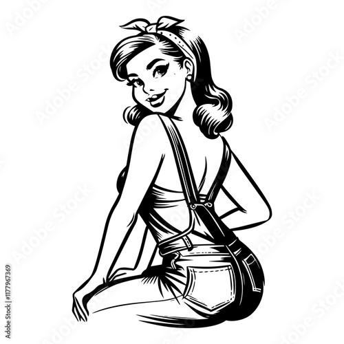 hand-drawn vector design of a vintage pin-up girl in a classic seated pose