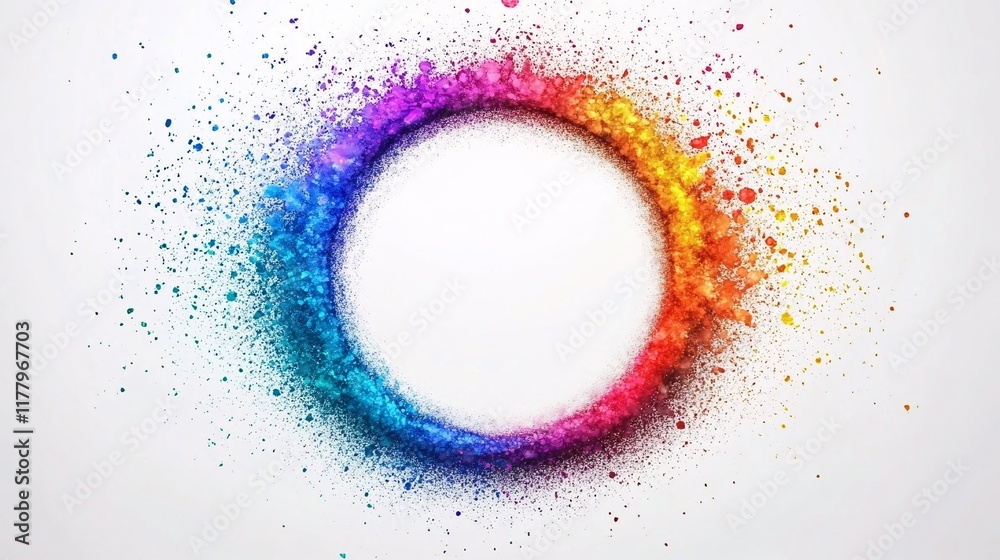 Colorful circle of powder creating a vibrant explosion on a white background Colorful circle of powder creating a vibrant explosion on a white background