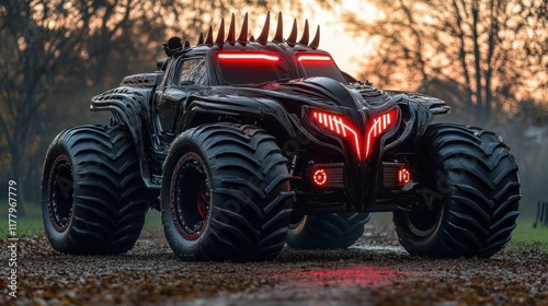 Futuristic black monster truck with red lights in autumn setting.