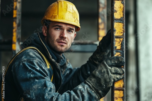 Heavy Industry Worker Climbing Ladders on Metal Construction, Close-up Studio Shot for Industrial and Manufacturing Concepts photo