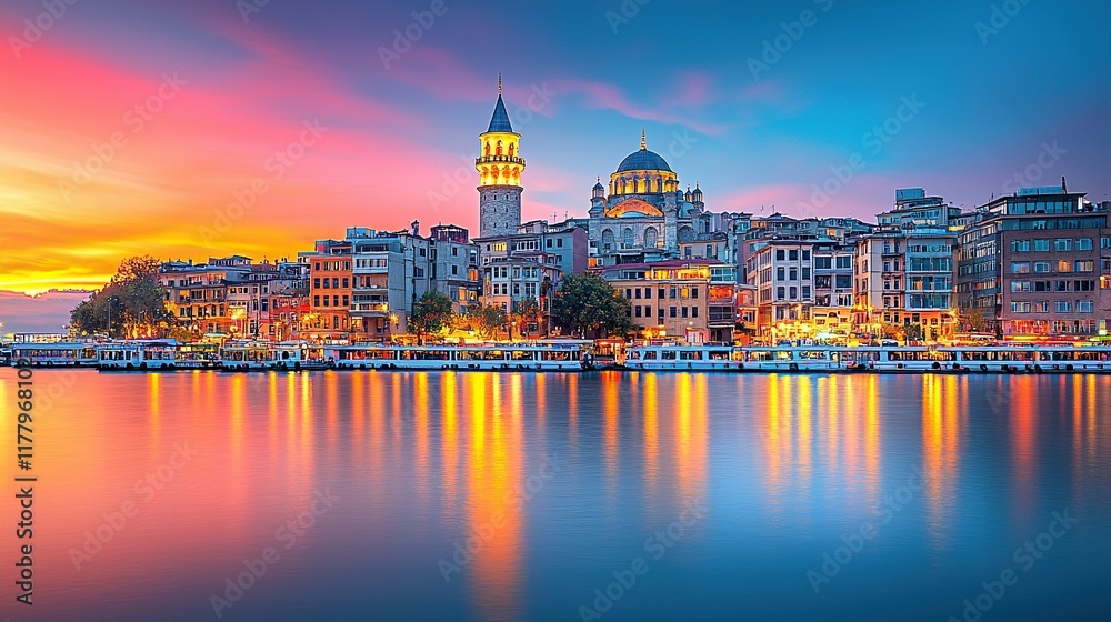 Obraz premium Istanbul sunset cityscape with Galata Tower and mosque reflection.