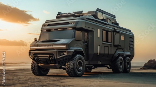 Futuristic six-wheeled camper van on beach at sunset.