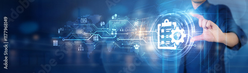 Businessman hold digital transformation network connecting icon representing effective project management, collaboration between teams, achieving goals, and delivering innovative solutions.
