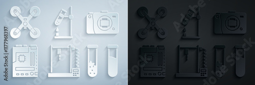 Set 3D printer, Mirrorless camera, Motherboard, Test tube and flask, on fire and Drone flying icon. Vector