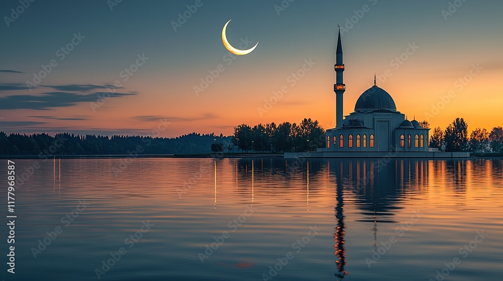 Fototapeta premium Lakeside mosque at sunset with crescent moon.