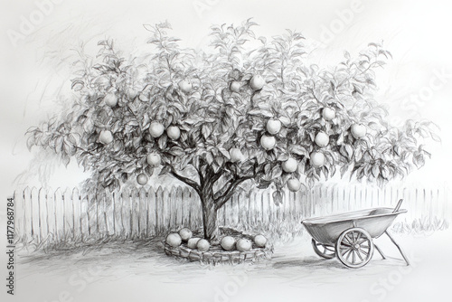 A detailed pencil sketch depicting an apple tree laden with fruit, surrounded by a picket fence, with a rustic wheelbarrow nearby in a rural setting