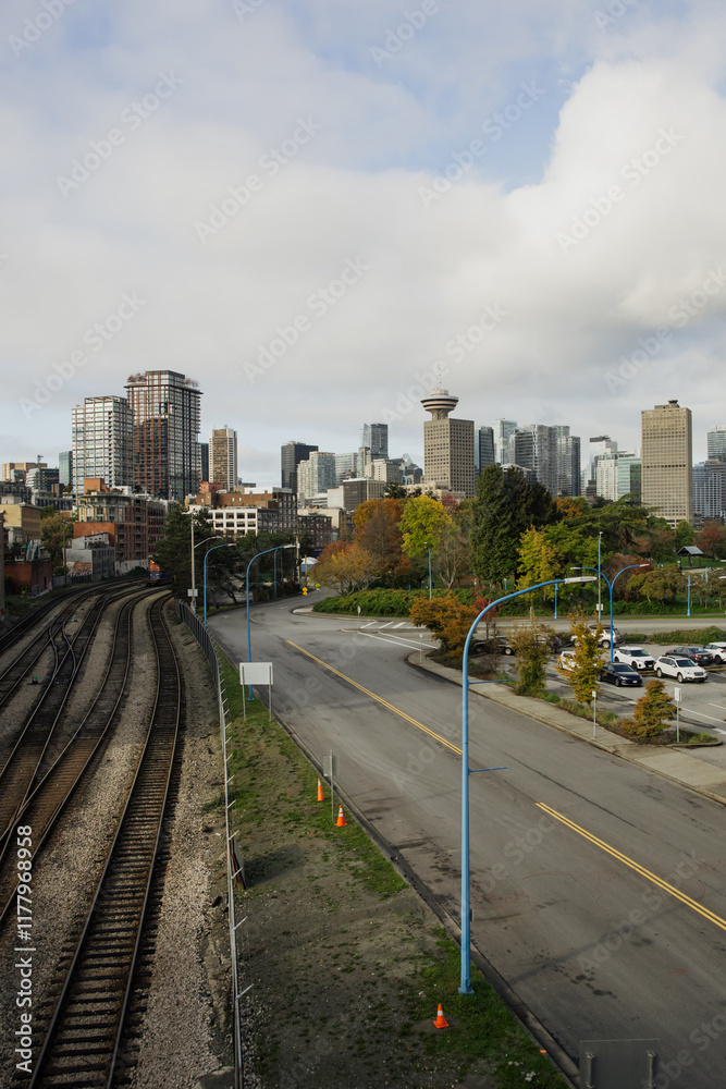 Urban View of Vancouver with Modern Skyline and Empty Roads Urban View of Vancouver with Modern Skyline and Empty Roads