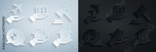 Set Piggy bank in hand, Judge gavel, Location shield, House, and Plane icon. Vector