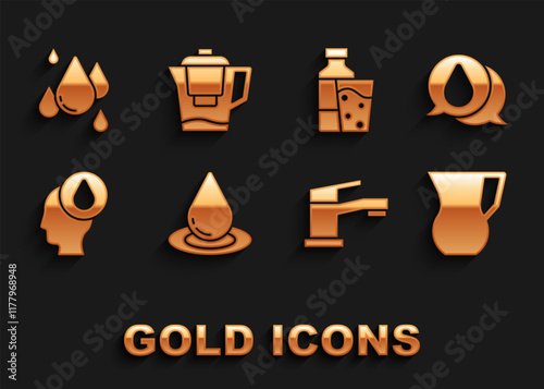 Set Water drop, Jug glass with water, tap, Bottle of, and jug filter icon. Vector