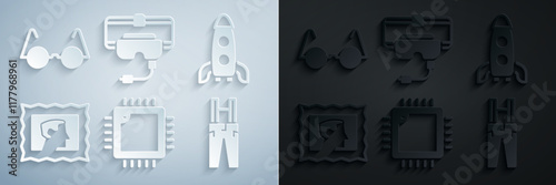 Set Processor with CPU, Rocket ship, Postal stamp, Pants suspenders, Virtual reality glasses and Eyeglasses icon. Vector