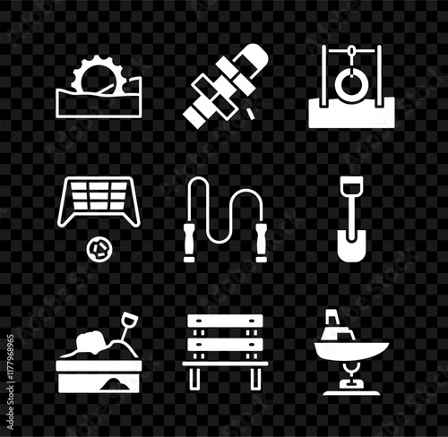 Set Ferris wheel, Hopscotch, Car tire hanging on rope, Sandbox with sand, Bench, Swing boat, Soccer goal ball and Jump icon. Vector
