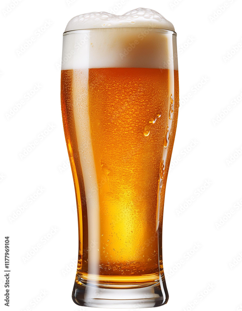 A perfectly poured pint of golden beer with a thick, creamy head. Transparent background. A perfectly poured pint of golden beer with a thick, creamy head. Transparent background.