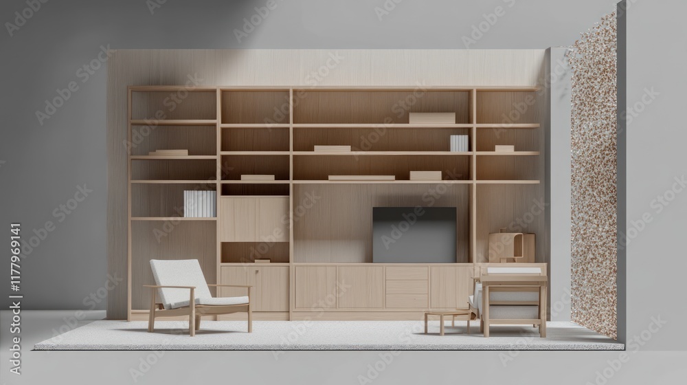 Minimalist light wood living room media unit with armchair and shelving.