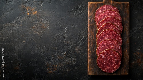 Sliced salami on wood board, dark background. Food photography for recipe blogs, menus
