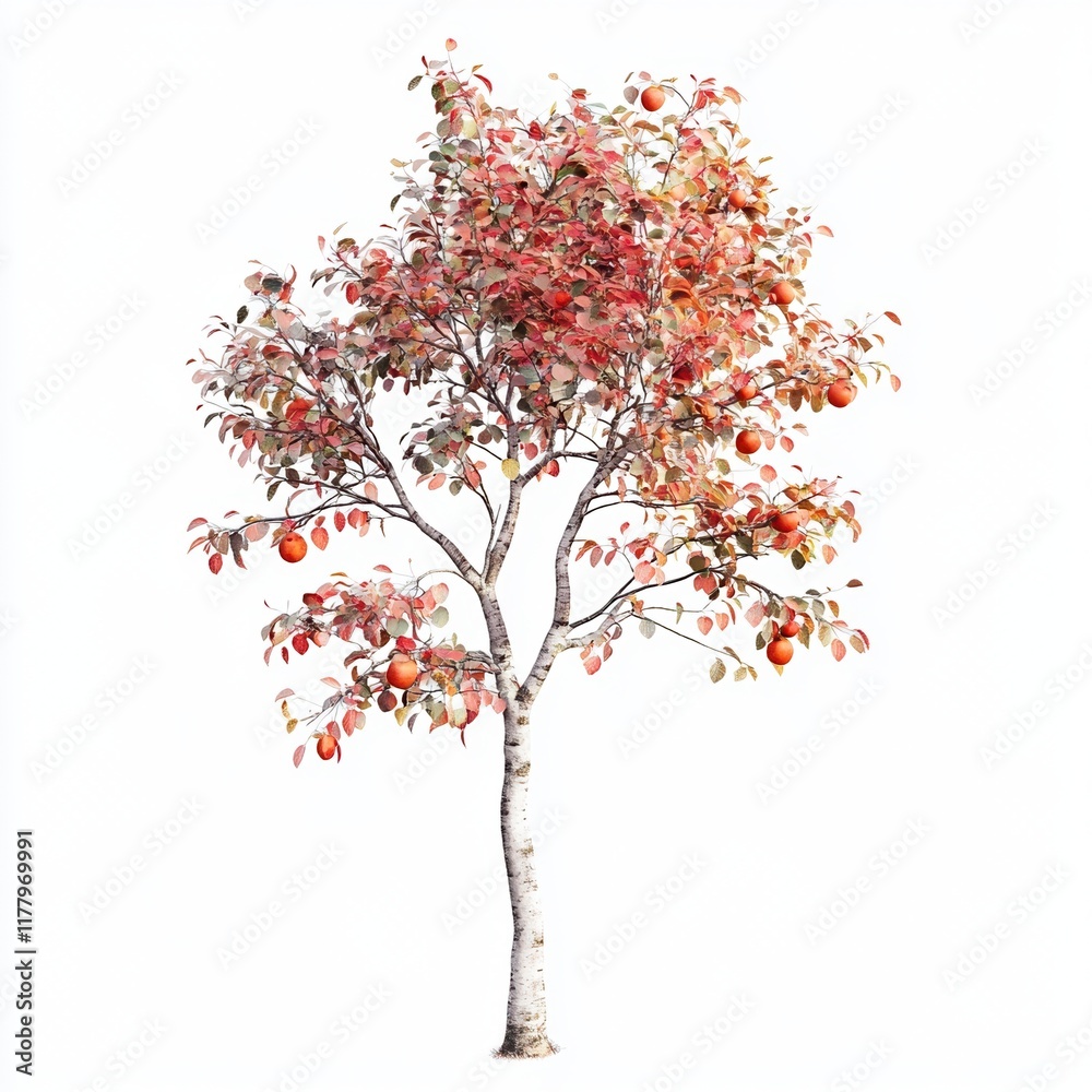Fototapeta premium A slender apple tree with a smooth trunk, autumnal red and orange leaves, and scattered ripe apples isolated on a white background